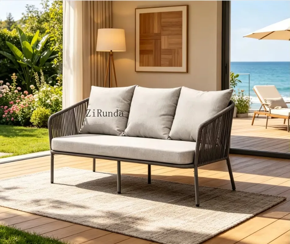 Weather-resistant outdoor rattan sofa, waterproof removable cushion, aluminum frame, suitable for balcony beach villa hotel