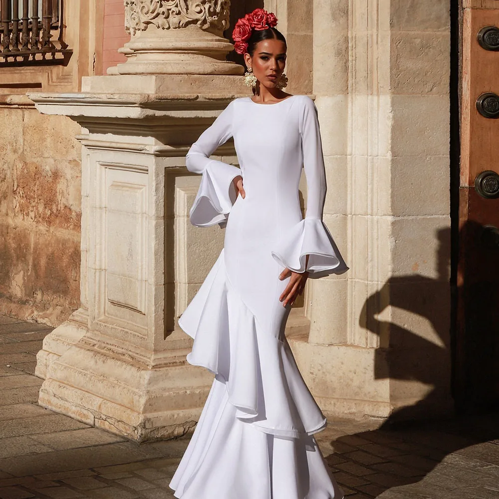 White Gypsy Prom Dance Dress for Women Ruffles Long Sleeves Ceremony Party Gowns Formal Evening Dresses