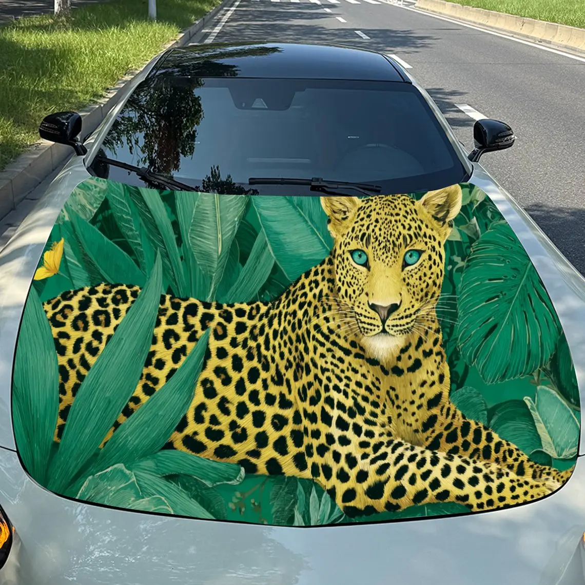 

Majestic Leopard in Lush Foliage PVC Car Engine Hood Vinyl Wraps, Self-Adhesive Waterproof Car Hood Decal Sticker, Car Decoratio