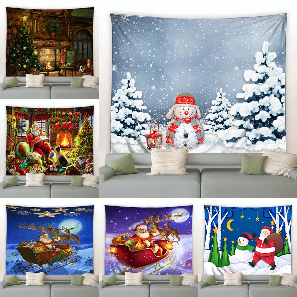 Home Decoration Christmas Snow Night Santa Claus Reindeer Tapestry Bedroom Living Room  Wall Hanging Background Cloth