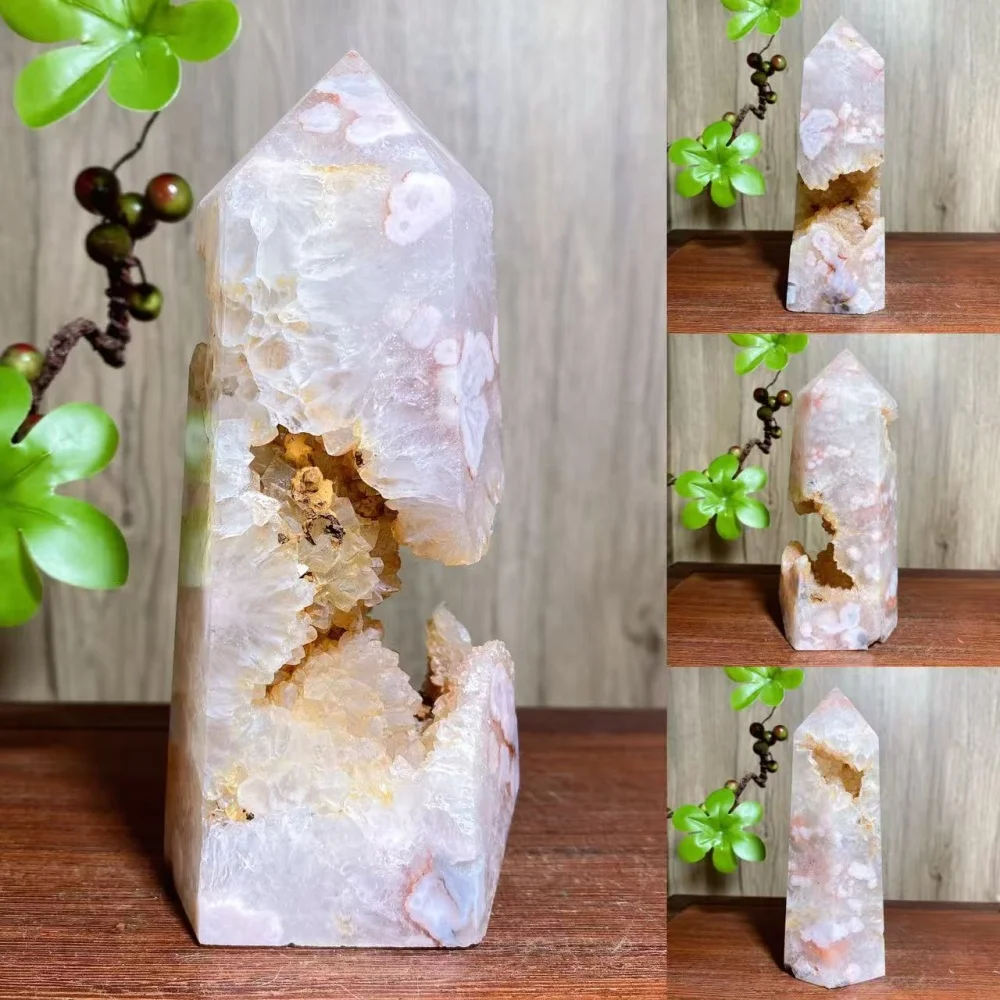 1pcs Unique Natural Crystals Pink Flower Agate Tower Raw Geode Druzy Quartz Obelisk Mineral Healing Home Decorations Reiki Gift