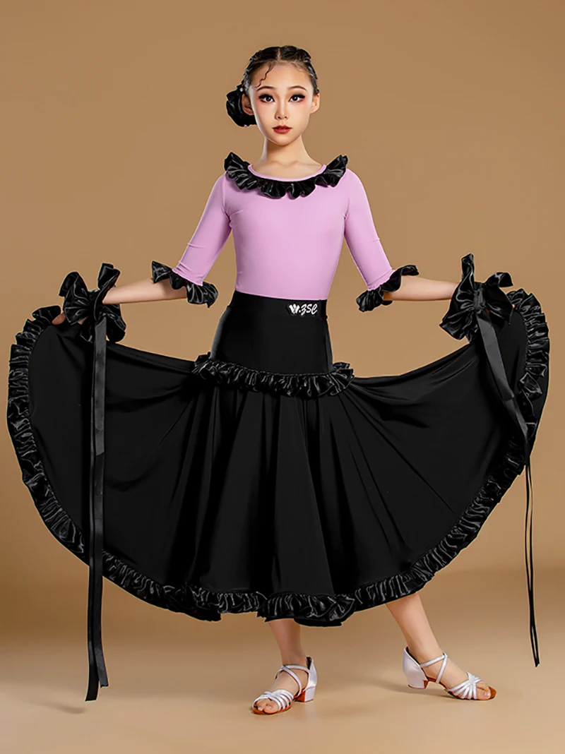 Kinder Mädchen Walzer Tango Gesellschaftstanz Professionelle Kleider Lila Schwarz Body und Rüschen Große Röcke Modernes Tanzkostüm