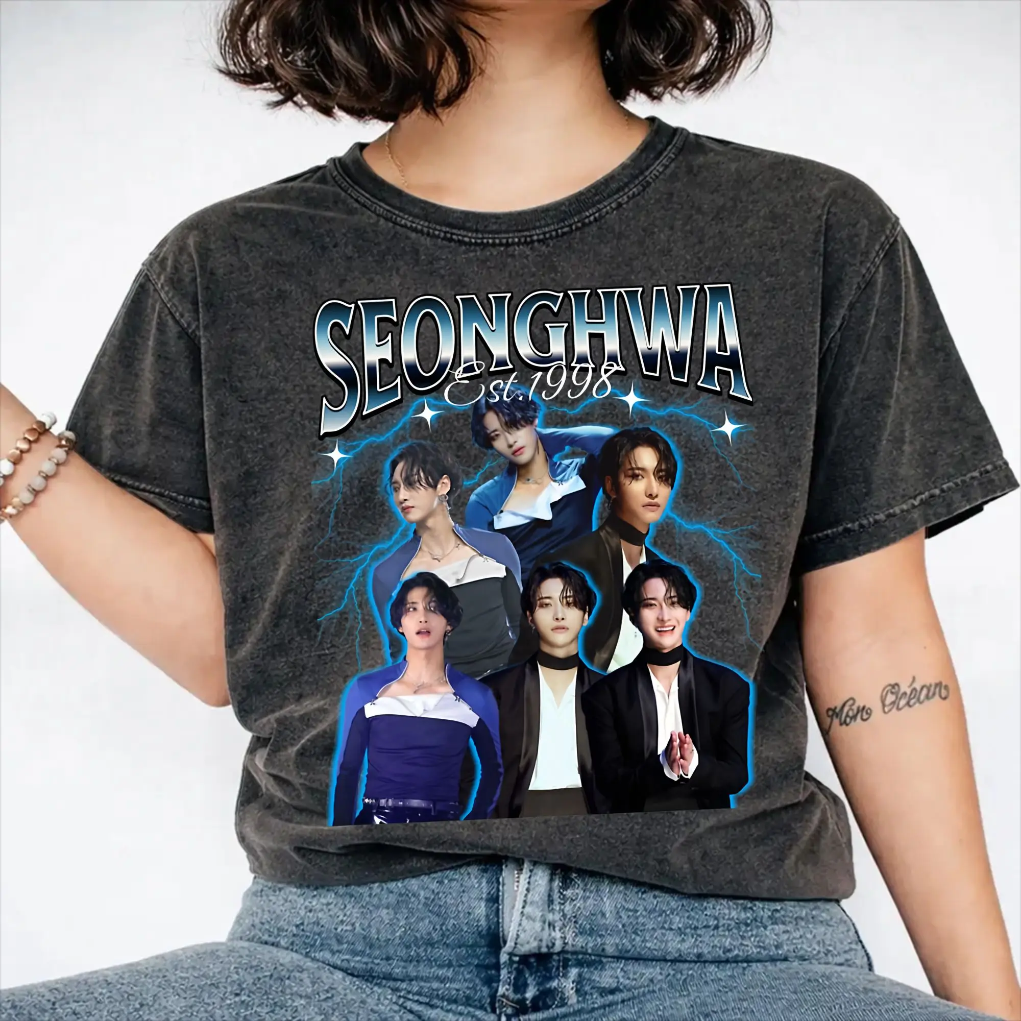 Ateez Seonghwa  Apparel Washed T Shirt Men Women Streetwear Hip Hop T-Shirt Printed  Tees Tops Short Sleeve