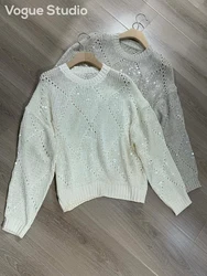 Sequins decorated loose cotton linen sweater