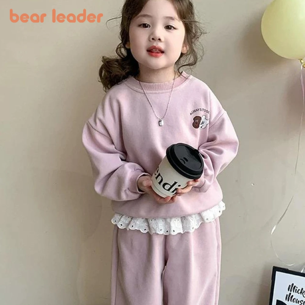 Bear Leader الحلو لطيف طفلة ملابس الخريف جديد بأكمام طويلة رسالة الكرتون جرو طباعة أعلى + السراويل مجموعات الأطفال عادية