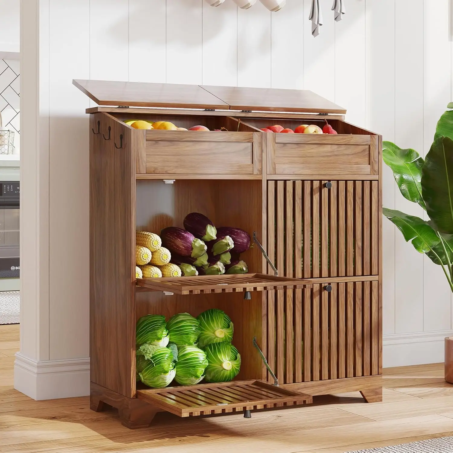 

Potato and Onion Storage Bins Box, Mid Century Modern Tall Large Fruit and Vegetable Basket Storage, Walnut 4 Doors, Customized