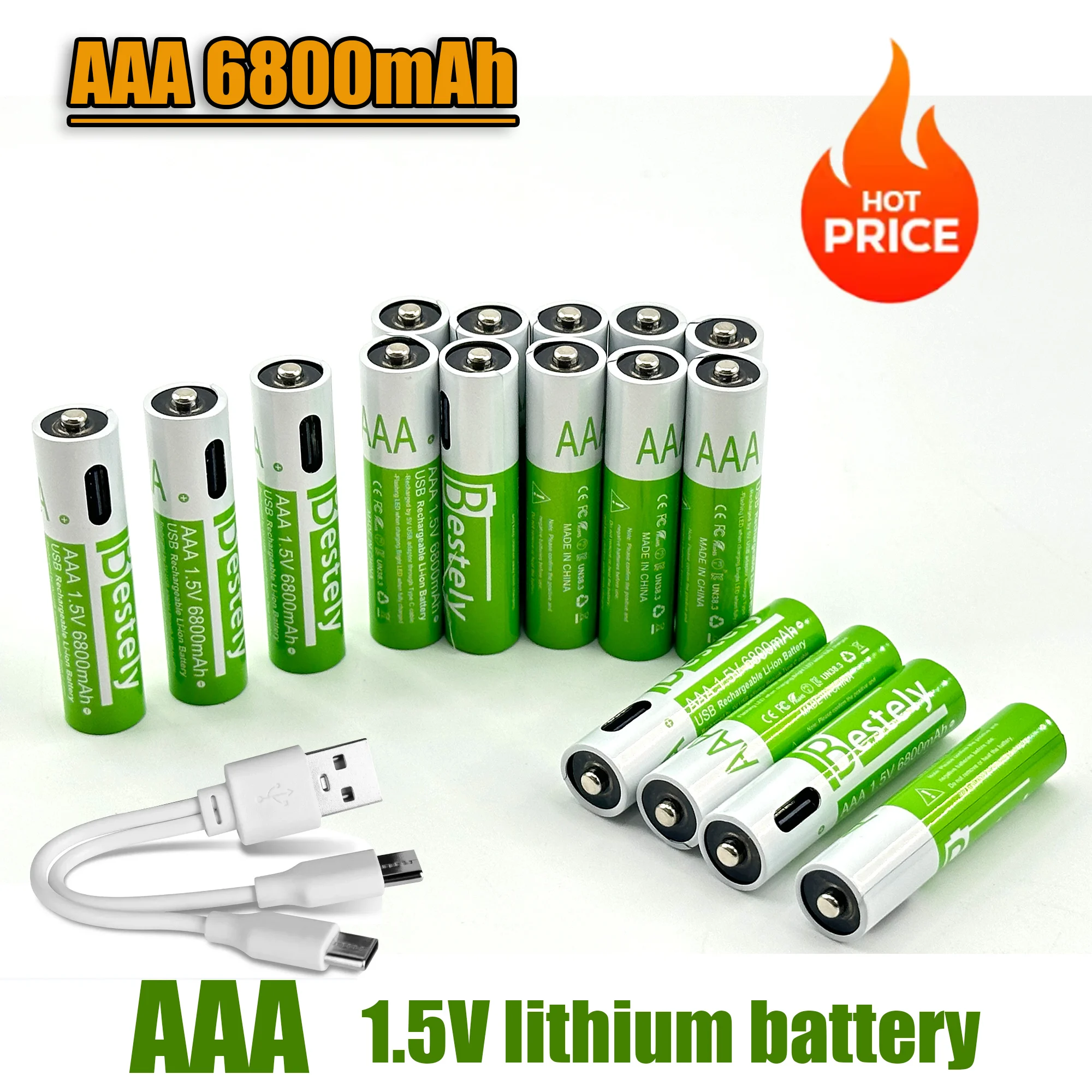 Batterie lithium-ion aste, 1.5V, AAA, 24.com, 6800mAh, USB de type C, 2000 cycles de charge inclus, avec câble gratuit