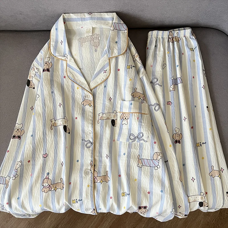 

Harajuku Стиль Kawaii Пижамный комплект с принтом собаки Плюс Размер Повседневная внешняя пижама для женщин с лацканами и пуговицами Дизайн ночного белья Новинка