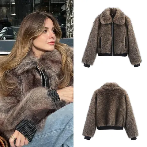 SLTNX Winter Women Elegant Long Sleeve High Neck Faux Fur Jackets Lady High Street Chic Thick Warm Loose Zipper Coats Outerwear