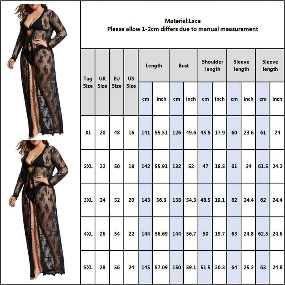 Sexy Pajamas Black Lace Cover Up Women Mesh See Through Night-robe Female Plus Size Long-Sleeve Nightdress Sleepwear 5XL