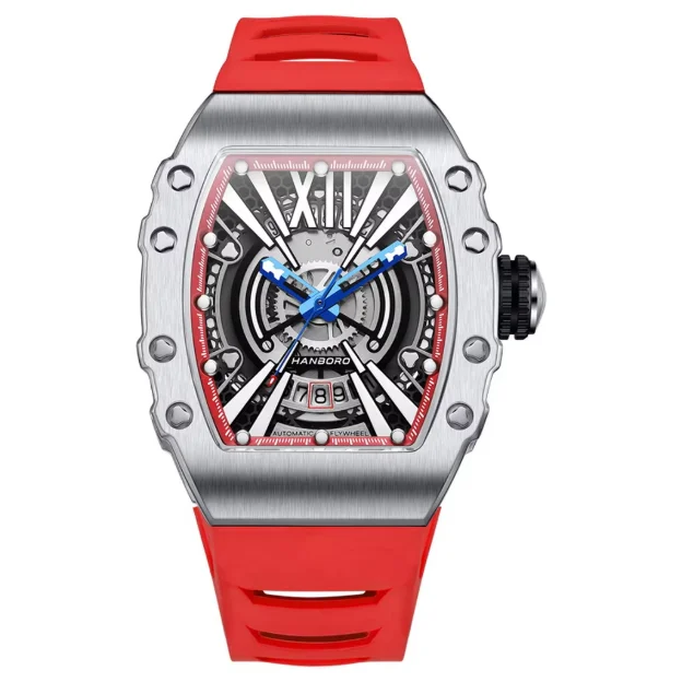 

HANBORO Мужские автоматические часы 50 мм Tonneau Механические наручные часы Водонепроницаемые светящиеся скелетонизированные циферблаты Miyota 8215