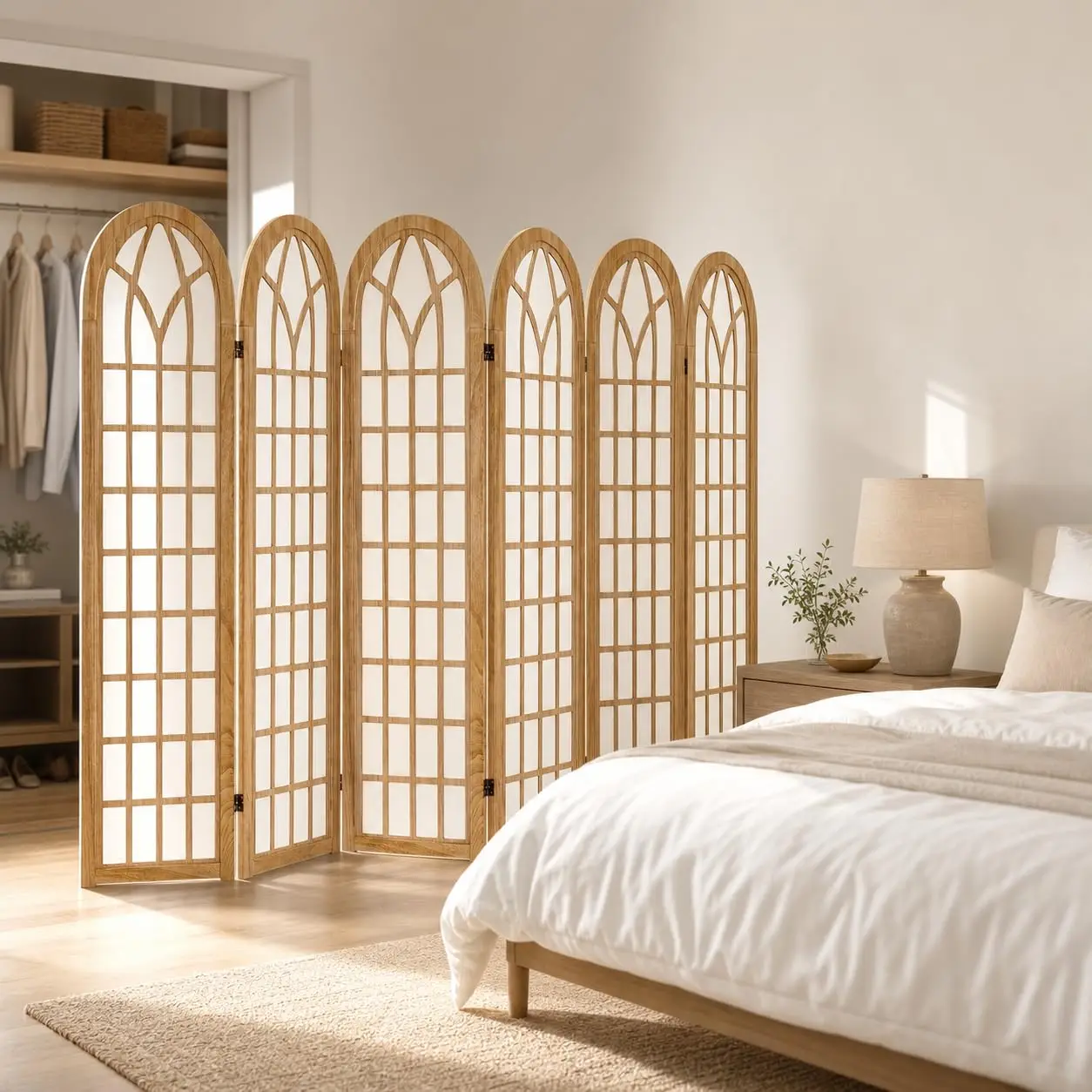 6 Panel Japanese Folding Privacy Screen Room Divider Arched Wood 94.5