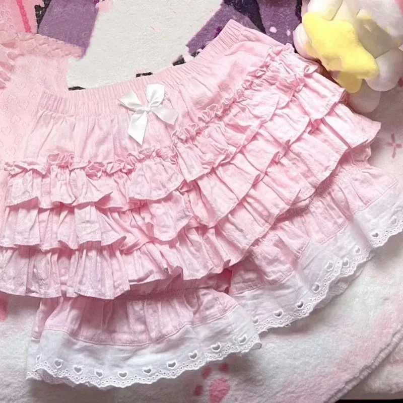 

2024 Solid Pink Women Lace Ruffle Bloomers Shorts Cosplay Sweet Lolita Kawaii Bow JK Dress Safety Shorts Victorian Pumpkin Pants