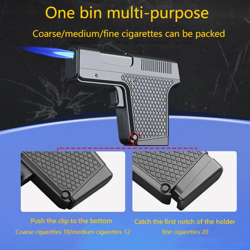 Clip Gun Type Windproof Lighter with Cigarette Case & Adjustable Jet Flame - Multifunctional Pistol Lighter for Men(No Butane)