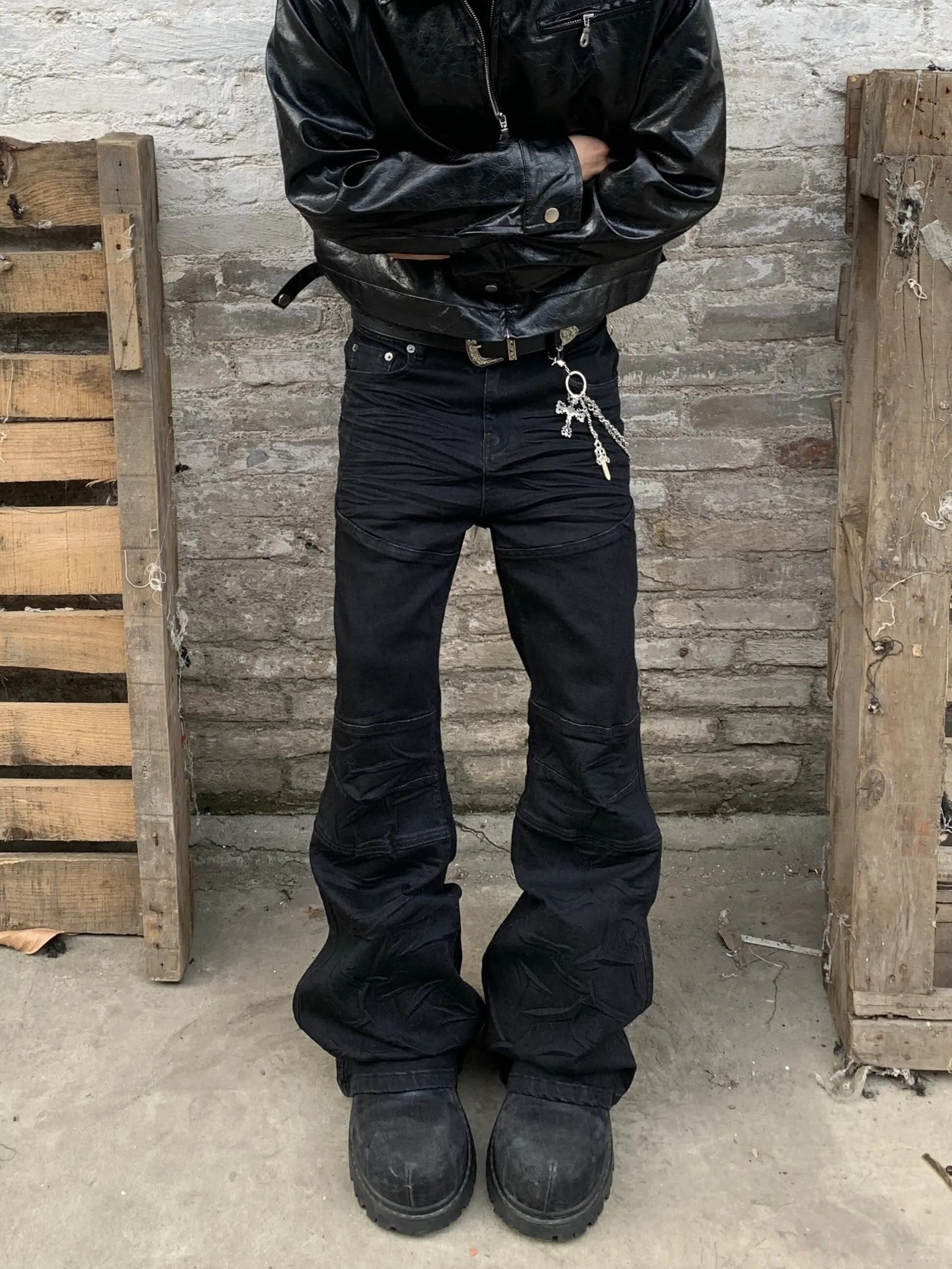 

Cleanfit American Retro 3D Pattern Splicing Street Sle Jeans Men Straight Leg Micro Flared Slim Long Pants Youth Trend