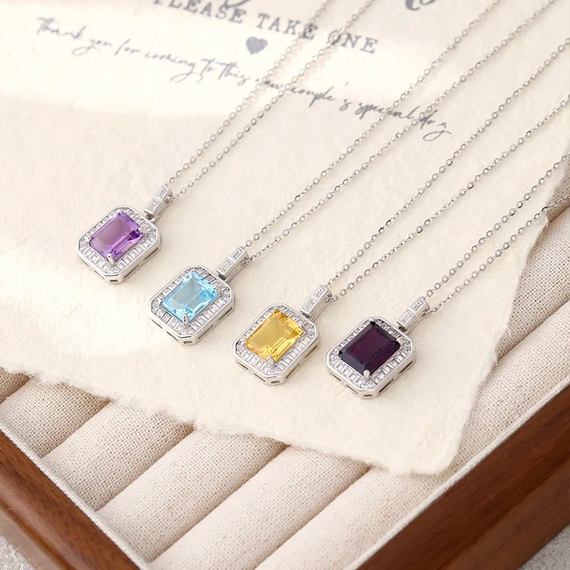 Chinese Style Lucky Blessing S925 Sterling Silver Square Natural Topaz Peridot Pendant Necklace For Women Dainty Clavicle Chain