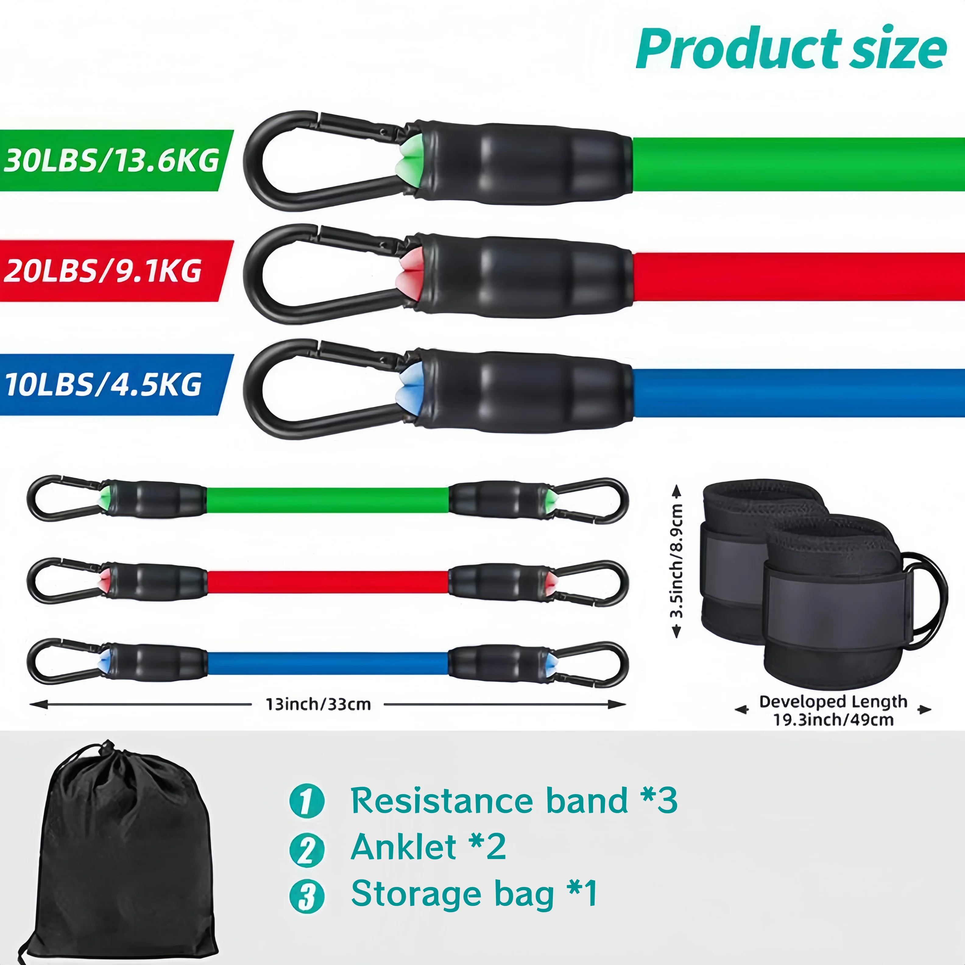 Ankle Resistance Bands Set with Ankle Cuffs, Elastic Leg Tubes for Glute Hip Workout Gym Fitness Training with Storage Bag view 2