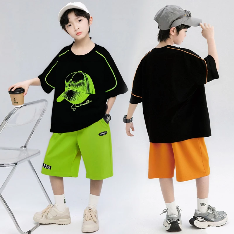 

Summer Boys' High Quality Comfortable Personalized Korean Style Handsome Short Sleeve Shorts 2 Piece Set.4-16year