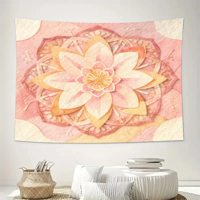 Aesthetic Mandala Floral Tapestry Wall Hanging Boho Pink Orange Bohemian Ethnic Decor Art for Living Room Bedroom Apartment Home