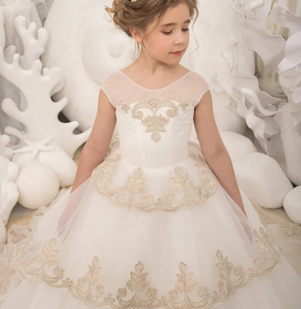 Tulle Layered Applique Sleeveless Backless Elegant Flower Girl Dress For Wedding Child First Eucharistic Birthday Party Dresses