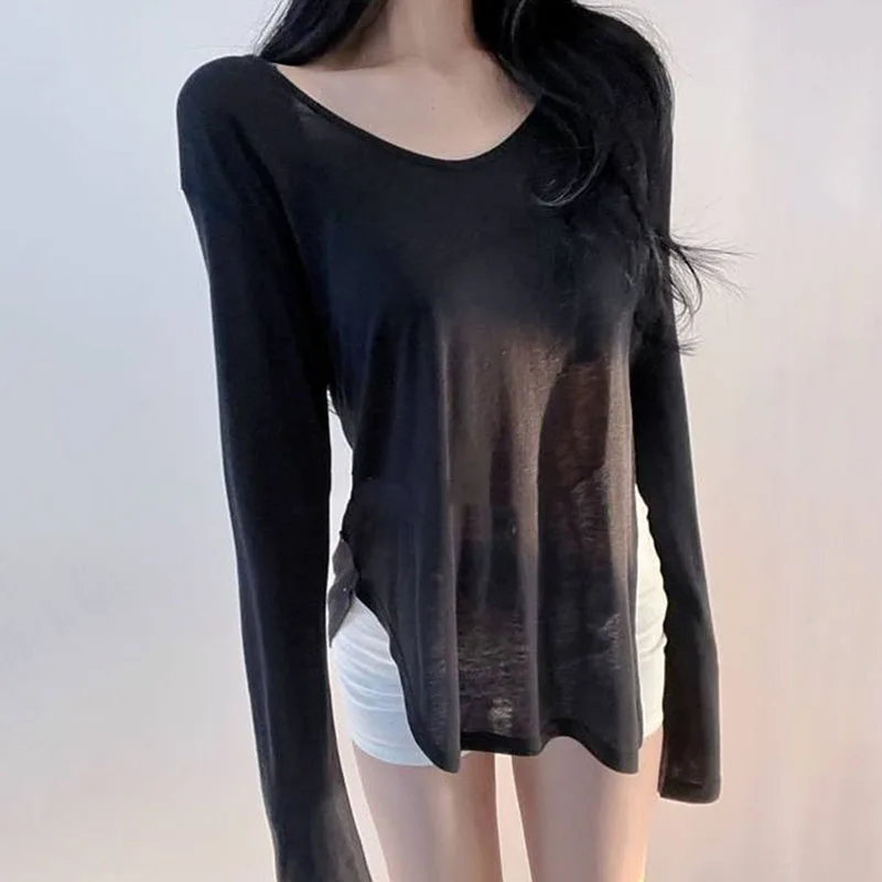 Xpqbb Black White Loose Sunscreen Shirt Women Sexy V-neck See Through Long Sleeve T Shirt Casual Simple Breathable Pullovers