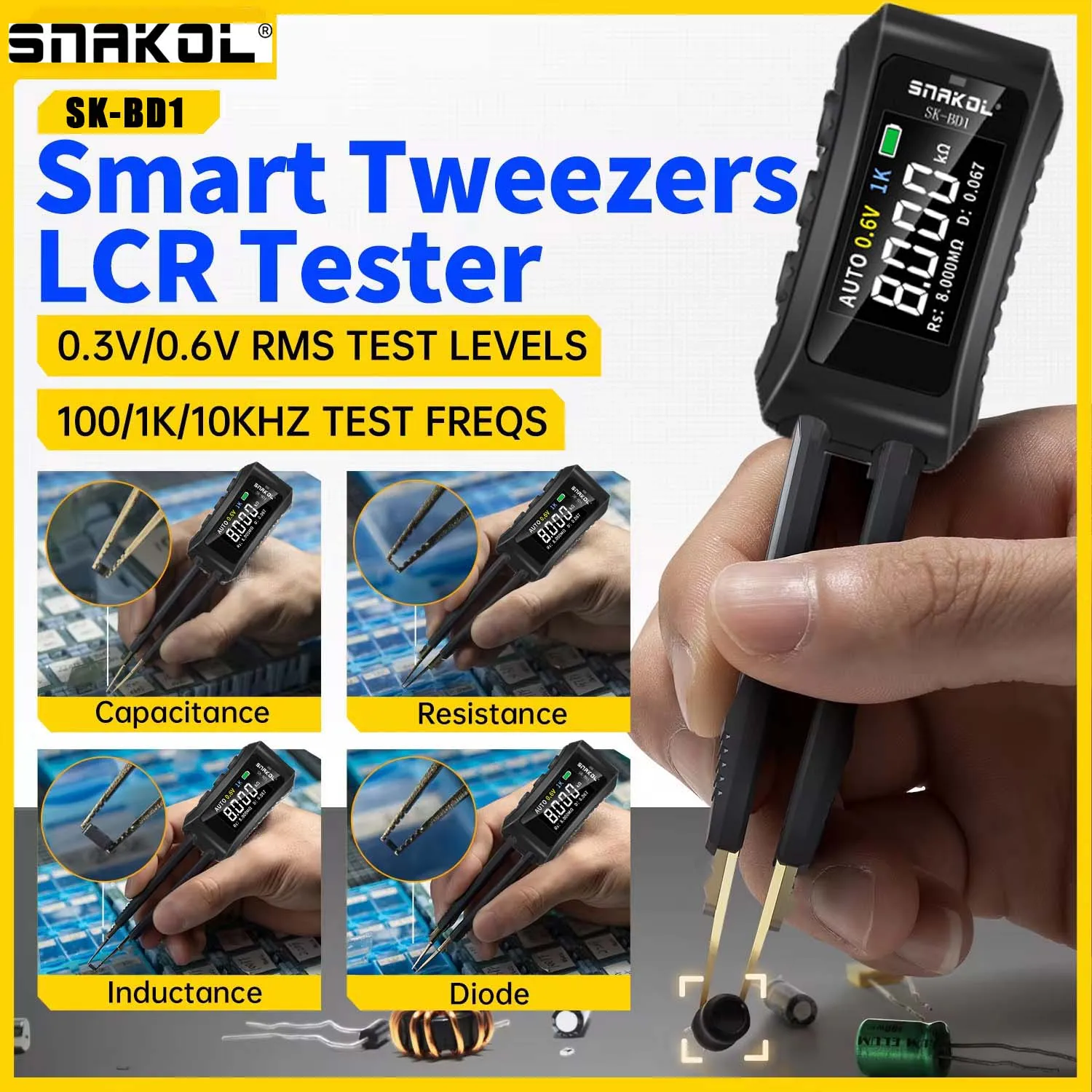 Snakol Sk-bd1 Pinça Inteligente Lcr Smd Esr Testador Resistência Capacitância Indutância Continuidade Diodo Teste Ferramentas Multímetro Automático