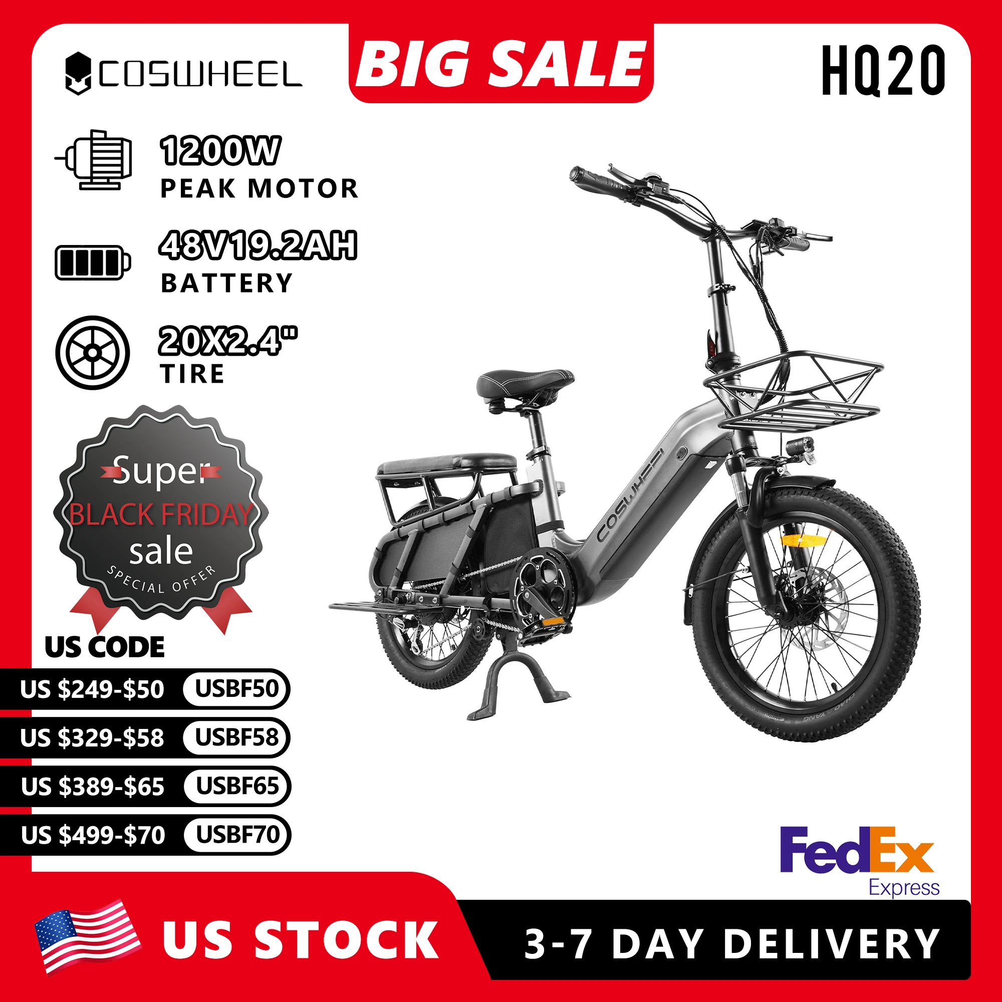 

COSWHEEL Electric Bicycle HQ20 Electric Bike 1200W PEAK Electric Cargo Bike 48V19.2AH Battery 20 Inch Tire City Commuting E Bike