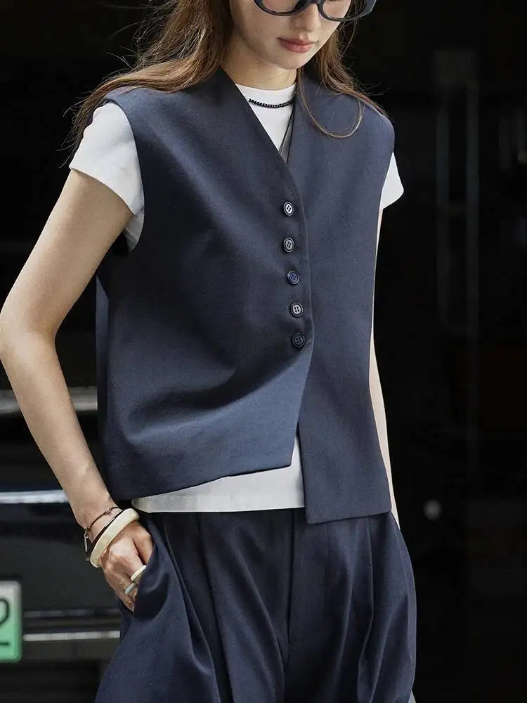 

Women Navy Blue Single Breasted Big Size Elegant Vest New V-collar Sleeveless Fashion Tide Spring Autumn