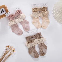 3Pcs/Set Vintage Lace Socks for Baby Girls Thick Knee Cotton Long 0-12M Socks Muslin Cotton Bow Headbands Ealstic Hairbands