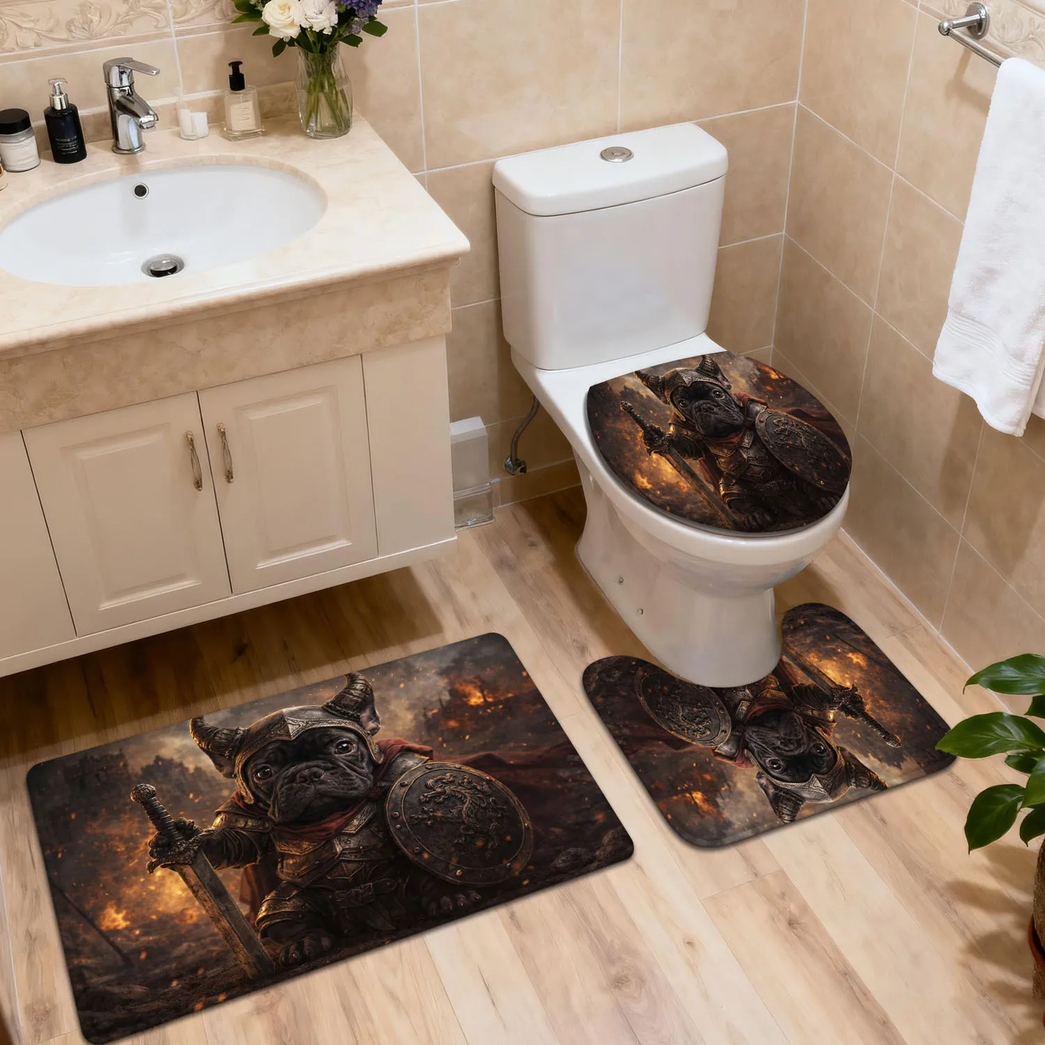 3pcs Bathroom Mat Set, Bulldog Viking Warrior, Home Decor Entry Mat, Toilet Lid Cover Bathroom Accessory Set, Non-Slip Absorbent