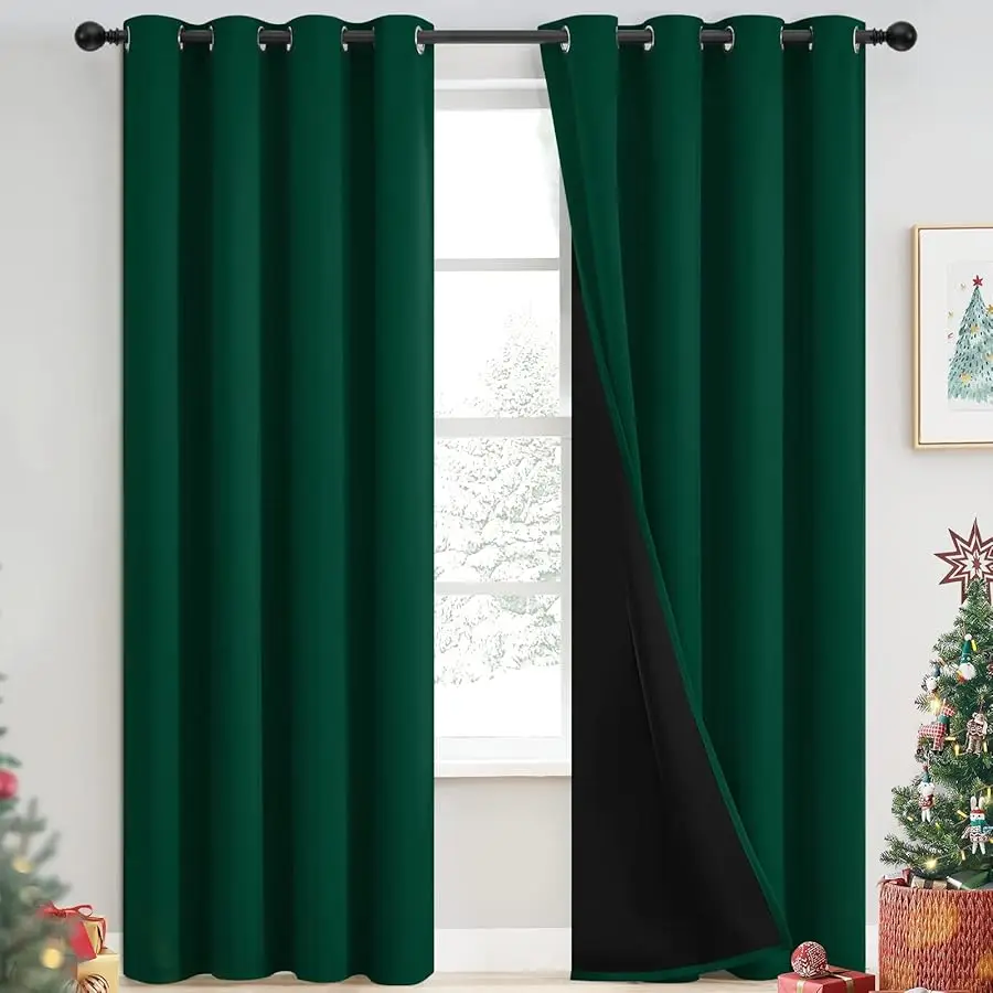 

100% Blackout Curtains for Bedroom 84 Inch Length, Emerald Green Total Light Blocking Drapes with Black Backing, Thermal Insulat