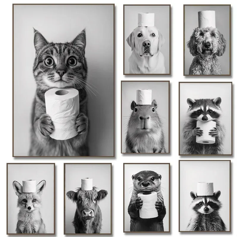 1PC Frameless Decorative Art Print Highland Cow Otter Cat Raccoon Toilet Paper Poster Print Canvas Painting Bathroom Wall