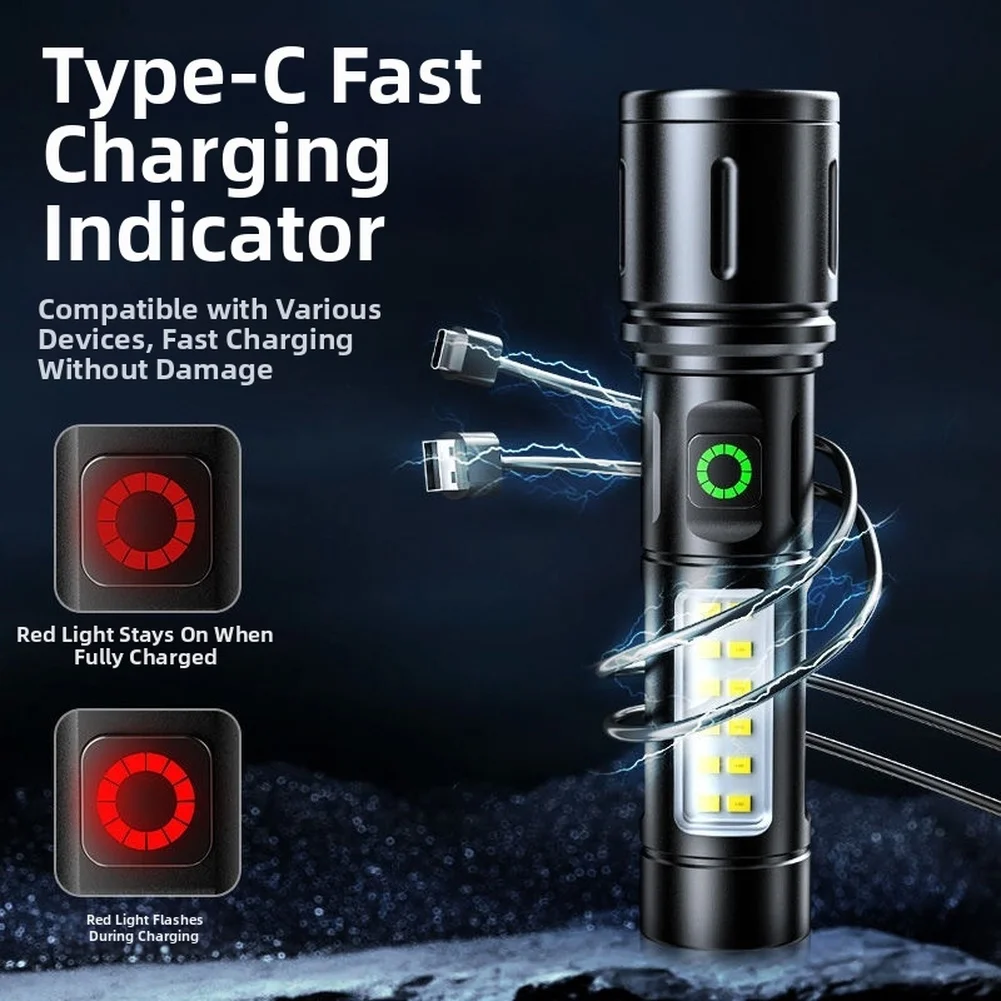 Ultra Bright Zoomable Flashlight With COB Side Light 200-500m Range Rechargeable Aluminum Alloy Outdoor Tools