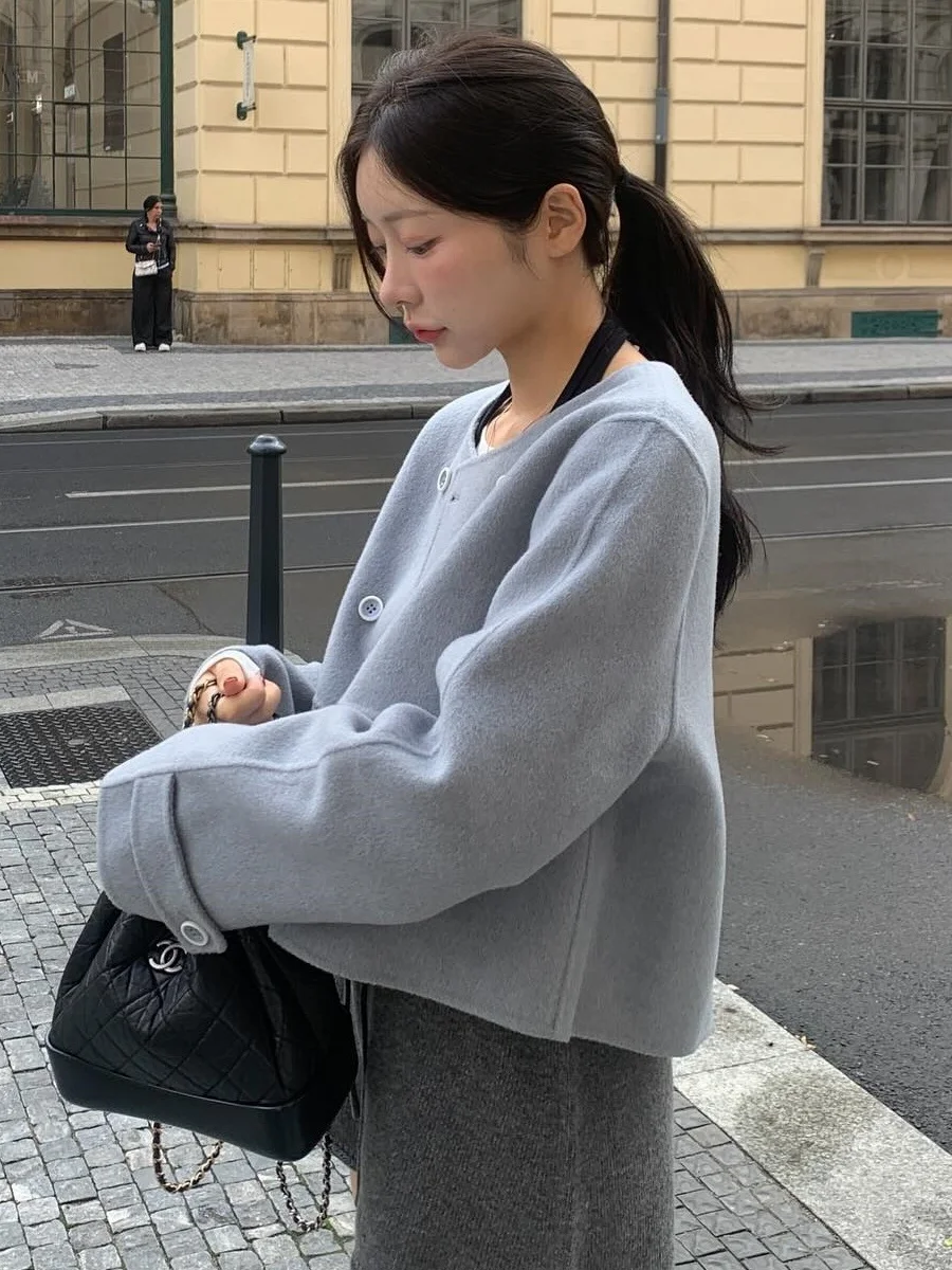 معطف ريترو إلي بسيط مستدير Ne بزر مزدوج من التويد للنساء مقاس صغير لتخفيض العمر ملابس خارجية من الصوف #3