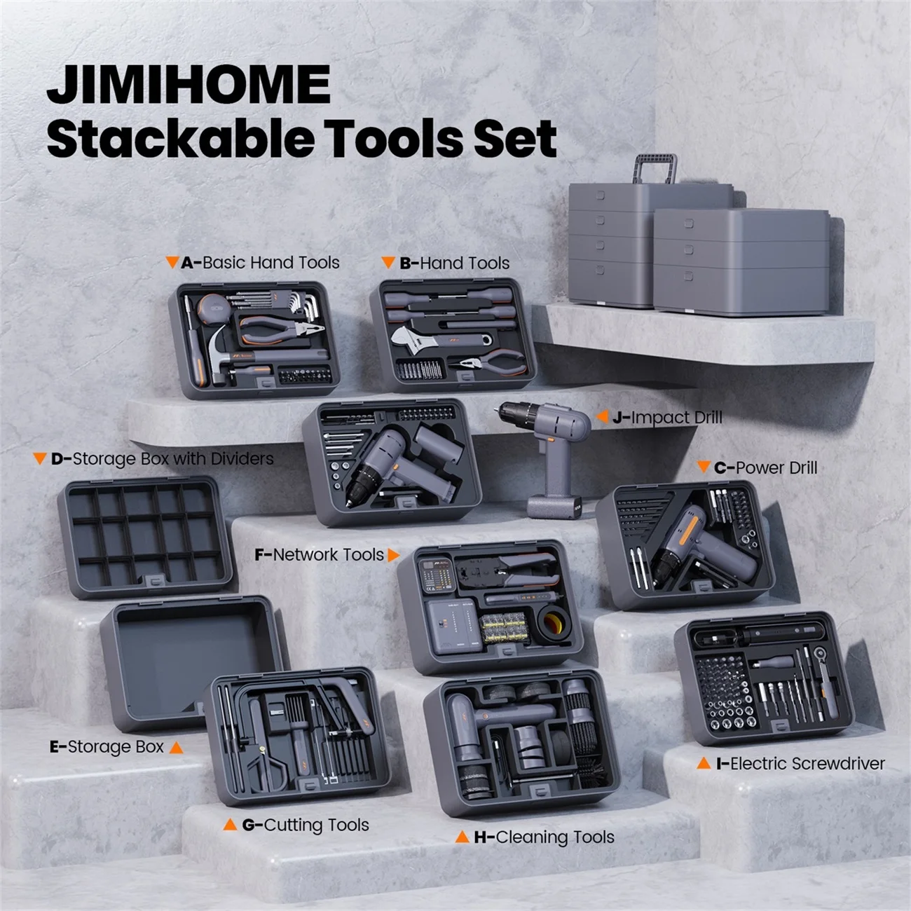 

JIMIBOX штабелируемый набор электроинструментов, домашний комбинированный ящик для инструментов, модульный многоразовый набор для мастера/автоматической установки/возвратного ремонта