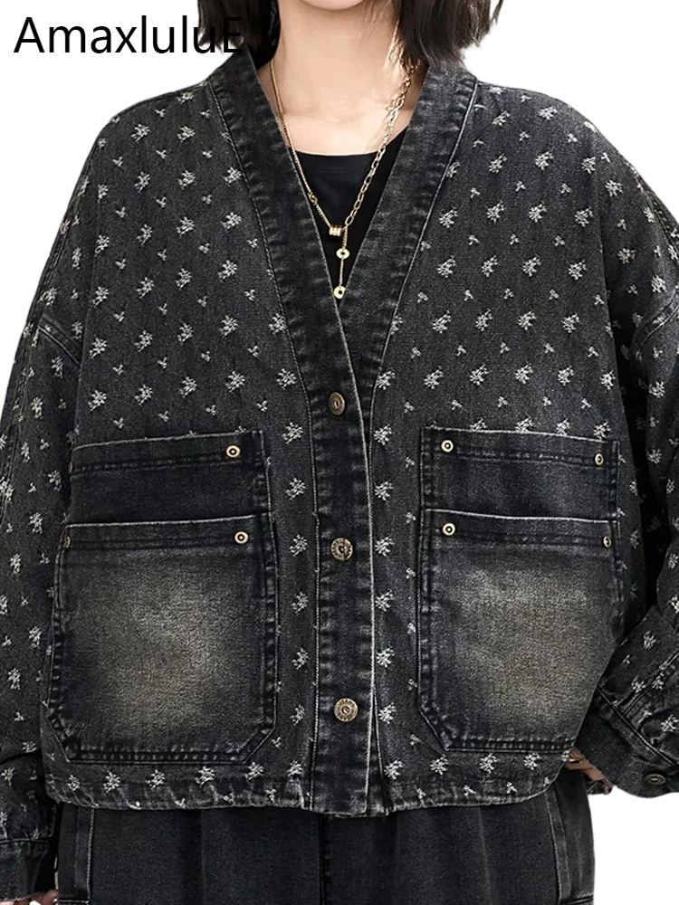 

Amax LuluE Korean Design Loose Vintage V Neck Jackets Women Fashion Classic Oversized Coats Ladies Spring Causal Denim Outerwear