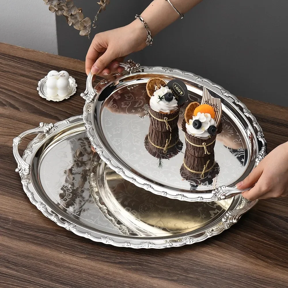 New Vintage Silver Plated Fruit Cake Tray European Simple Style Home Hotel Dessert Plate Craft Work Jewelry Decorative Tray