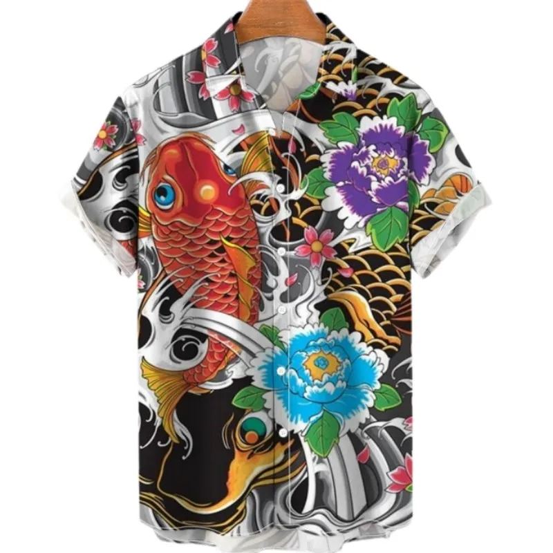 3d Heren Bloemen Casual Sociaal Zomer Hawaiiaans Shirt Met Korte Mouwen Straat Koi Karper Luxe Blouse Outdoor Kleding Top Fit Camisa