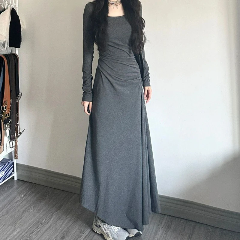 2024 New Women Dress Spring Autumn Thickened Hair Long Sleeve Slimming Waist Gray Over The Knee Skirt Square Collar A-lineskirt