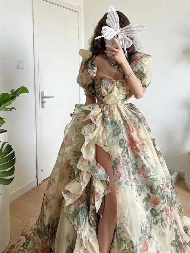 Evening Party Dress 2023 Summer Short Puff Sleeve Khaki  Print Organza Women Floor-Length Overlength Princess Long Dress Female