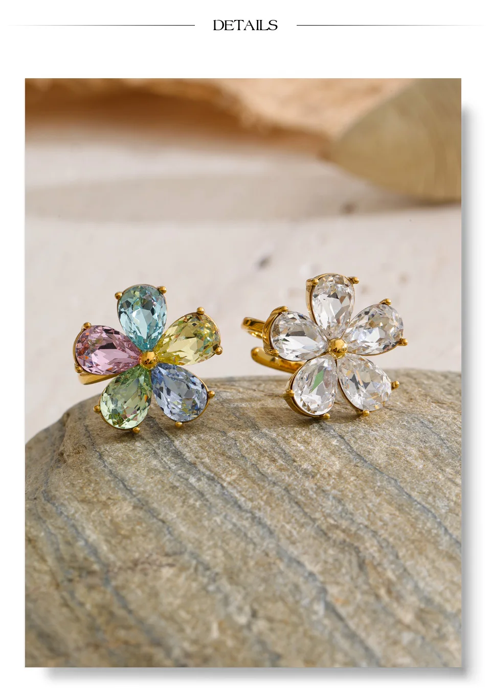 Yhpup Bunter, glänzender, verstellbarer Ring mit kubischem Zirkonia-Blumenmuster, 18 Karat Goldfarbe, Edelstahl, temperamentvoller Premium-Fingerschmuck – Detail 6
