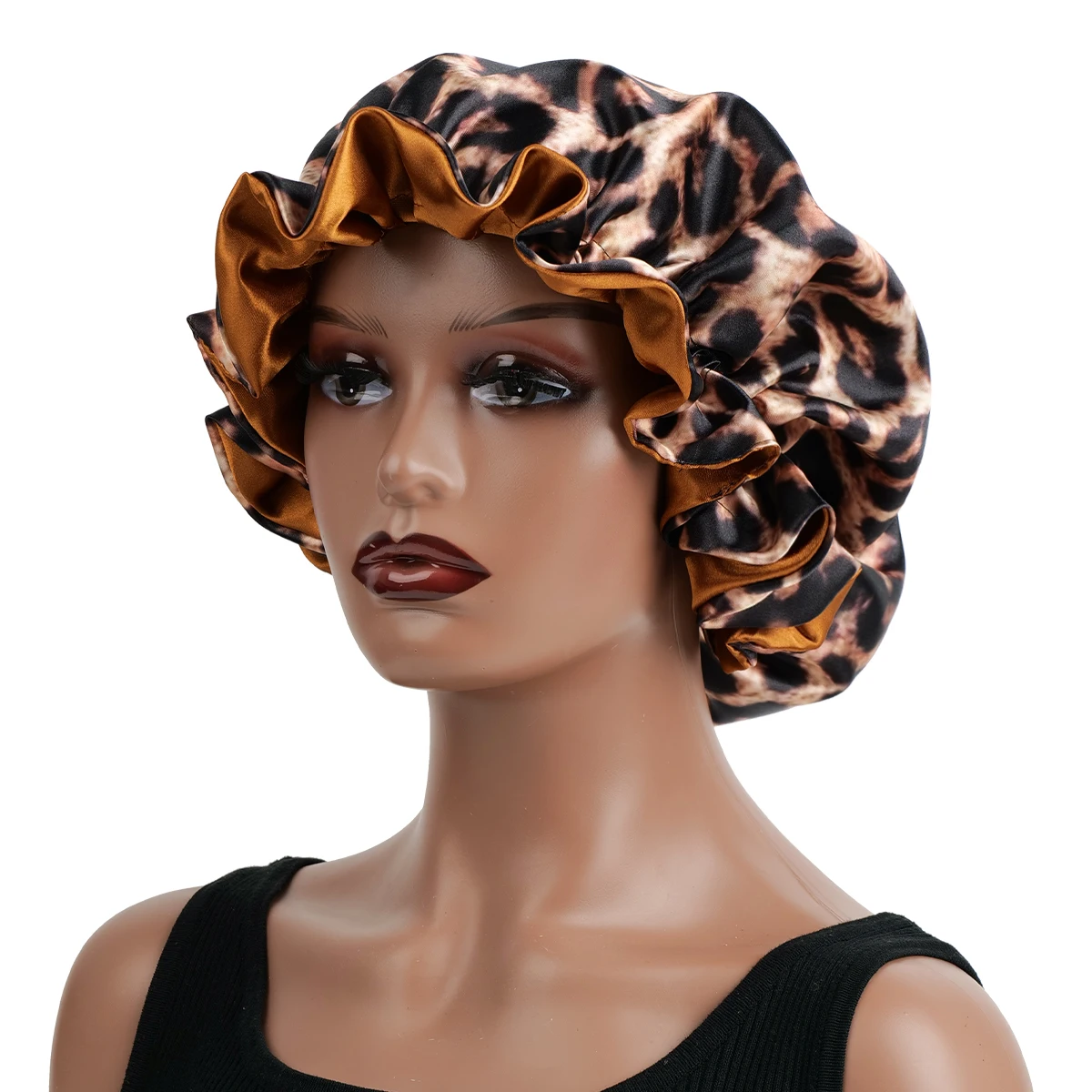 1PC Leopard Print Satin Silk Bonnet Double Layer Sleep Cap Comfortable Casual Hair Care Hat for Daily Use