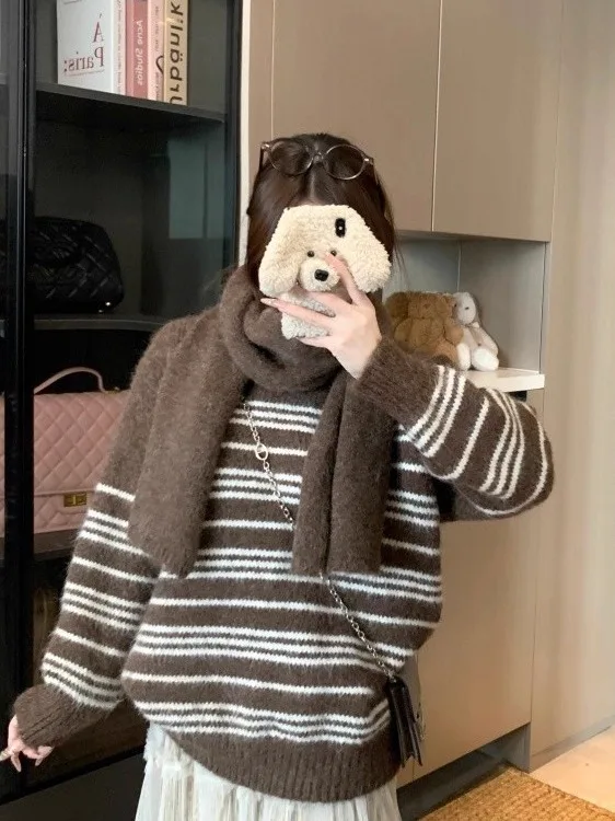 Maglione pullover coreano Sle rotondo Ne Thiened Sciarpa dimagrante casual autunno inverno Faion da donna a righe larghe calde