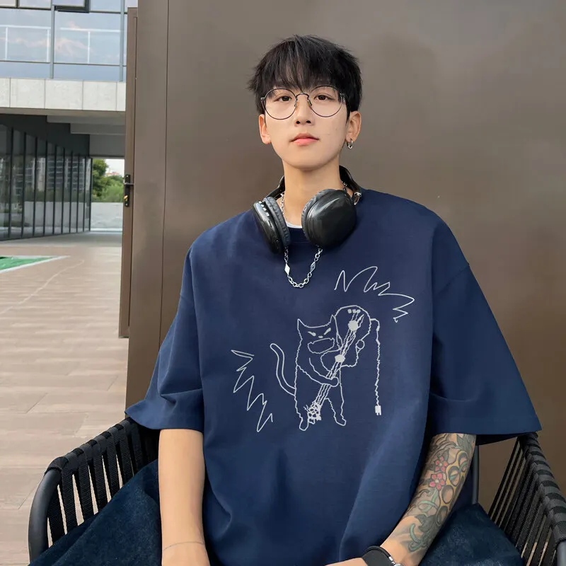 Kaus pria ukuran besar Fashion kaus katun putih untuk pria pakaian musim panas kasual kaus cetak Anime 5XL lucu pakaian pria