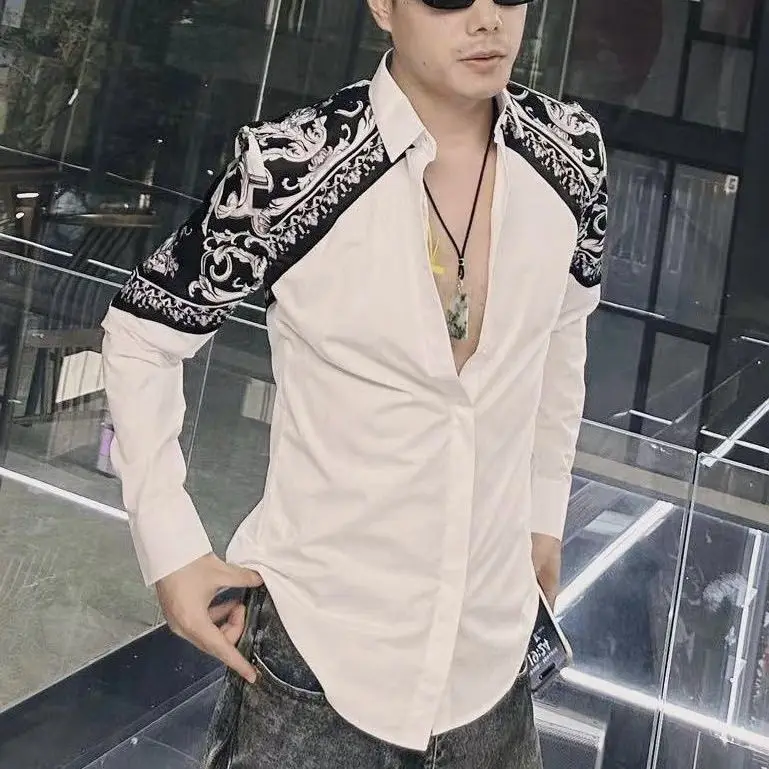 Palace Style Business Contrast Color Splicing Slim Long-sleeved Shirt Men Autumn and Winter New Casual Shirt