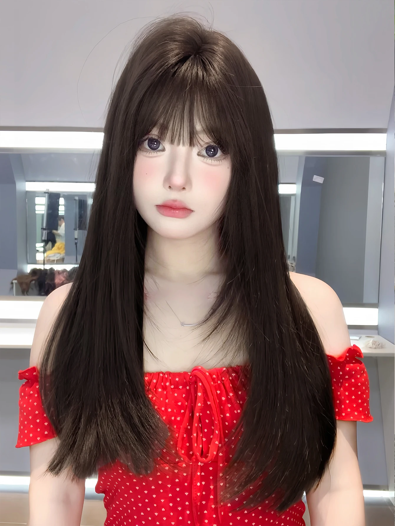 26Inch Black Pretty Lovely Synthetic Wigs With Bang Long Natural Straight Hair Wig for Women Daily Cosplay Party Heat Resistant