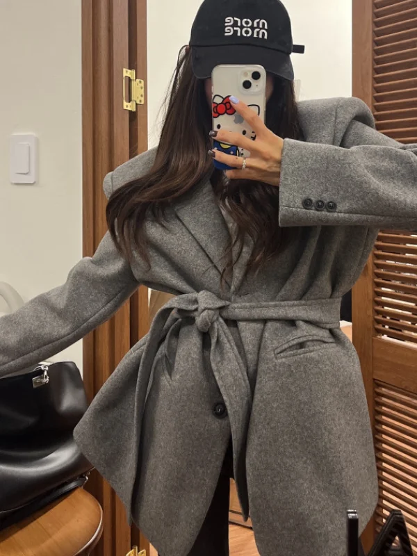 Retro Woolen Suit Jaet Women's Winter New Sle Aosphere Sensation Clothing Korean Loose Belted Waist-Cinching Top