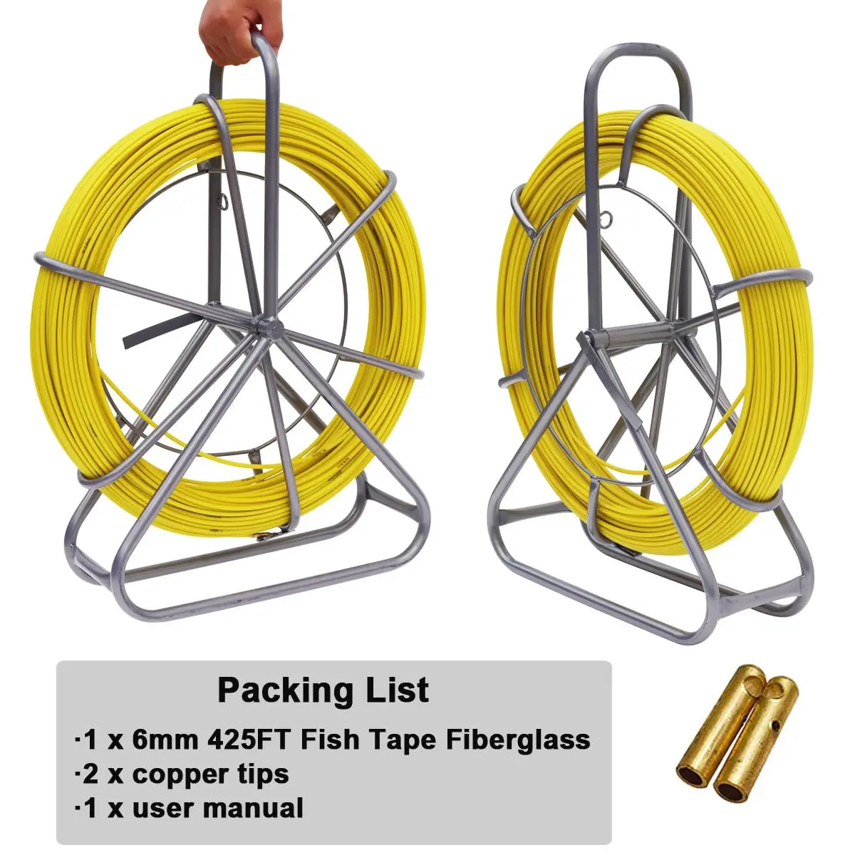 6mm 425FT Duct Rodder Fish Tape Fiberglass Wire Cable Running Rod Reel Wire with Durable Steel Stand, Fishtape Puller Conduit Pu