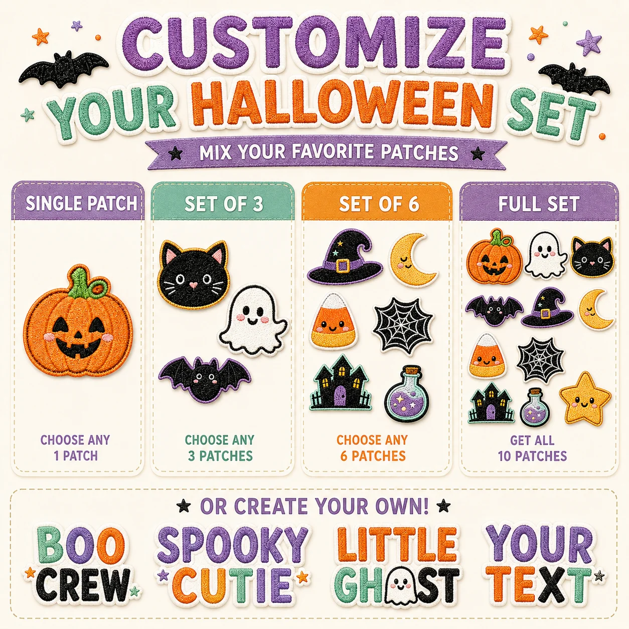 Custom Cute Halloween Embroidered Patches Pumpkin Ghost Cat Bat Witch Hat Iron On Sew On for Jackets Bags Hats Costumes DIY
