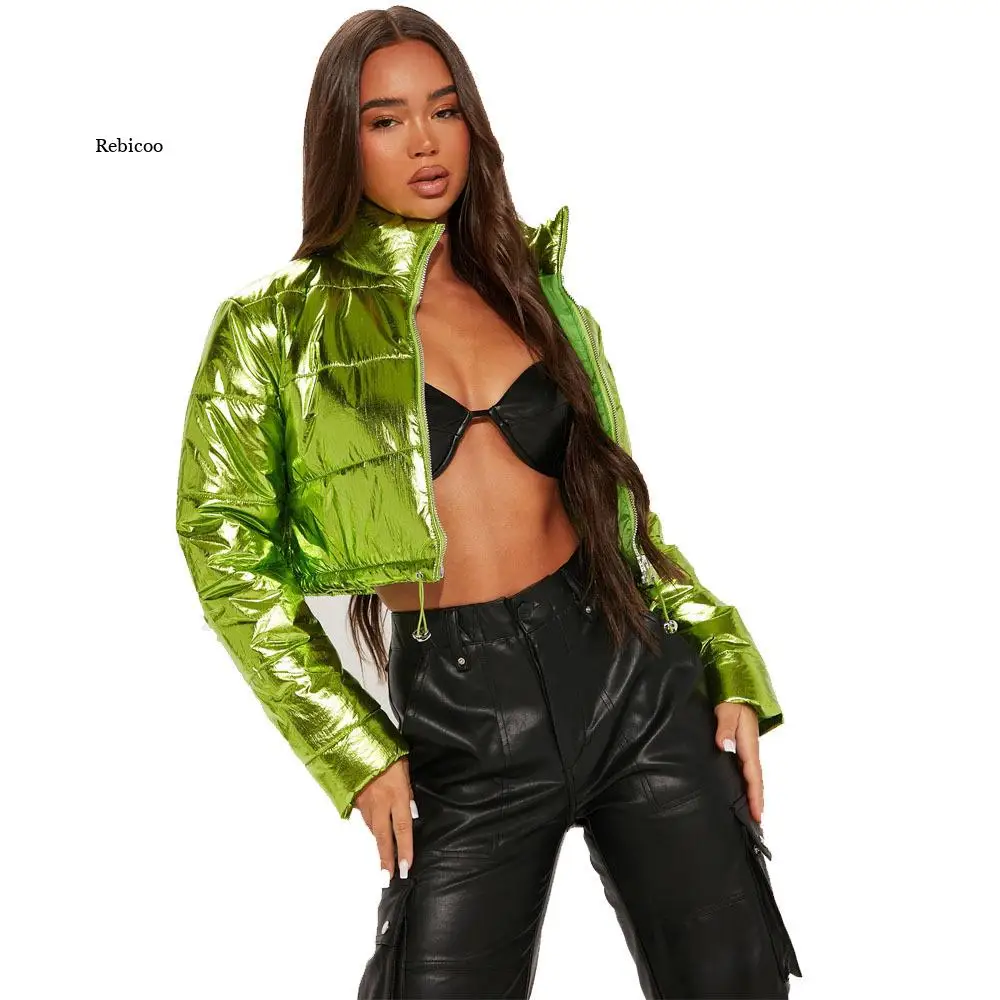 Fashion Cute Women Bright Pu Puffer Jacket Winter Warm Bubble Coats Shiny Leather Parkas Down Zipper Cropped Jackets Parkas